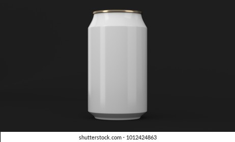 Blank Small White And Gold Aluminium Soda Can Mockup On Black Background. Tin Package Of Beer Or Drink. 3D Rendering Illustration