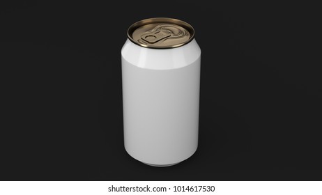 Blank Small White And Gold Aluminium Soda Can Mockup On Black Background. Tin Package Of Beer Or Drink. 3D Rendering Illustration