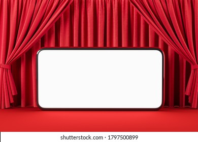 Blank Smartphone Screen Against The Background Of Red Curtains Like In A Movie Theater Or Theater. Movie Online Presentation Concept. Social Video Network. Mock Up. 3d Rendering