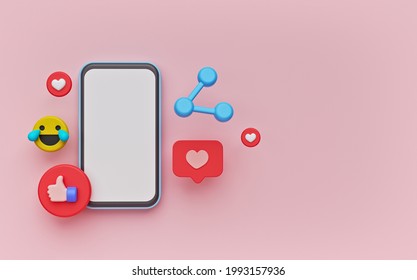 Blank Smartphone And Social Media Icons. Minimal Trendy Banner With Copy Space. 3d Rendering