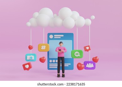 Blank Social network post surrounded with floating elements. 3D render Social Media with photo frame, like button , hashtag, follower and comment button. 3d rendering

