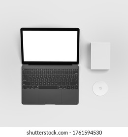 Blank software box with disk Mockup and notebook, medium size white Cardboard packaging box with cd and laptop, 3d rendering isolated on light background