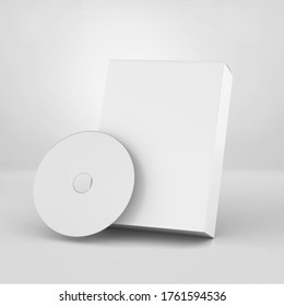 Blank software box Mockup with disk, medium size white Cardboard packaging box with cd, 3d rendering isolated on light background