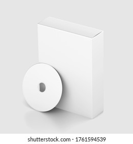 Blank software box Mockup with disk, medium size white Cardboard packaging box with cd, 3d rendering isolated on light background