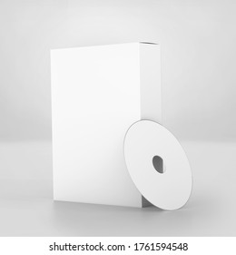 Blank software box Mockup with disk, medium size white Cardboard packaging box with cd, 3d rendering isolated on light background