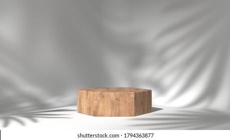 Blank Space Luxury Brown Wood Box, Block, Hexagon Podium In White Shadow Leaves Background. Concept Scene Stage Showcase, Product, Purfume, Promotion Sale, Wooden, Presentation, Cosmetic. 3D Render