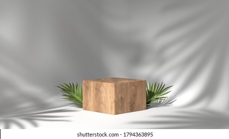 Blank Space Luxury Brown Wood Box, Block, Square Podium In White Shadow Leaves Background. Concept Scene Stage Showcase, Product, Purfume, Promotion Sale, Wooden, Presentation, Cosmetic. 3D Render