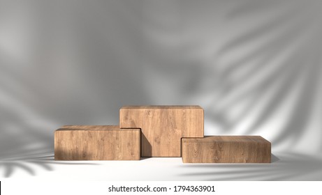 Blank Space Luxury Brown Wood Box, Block, Square Podium In White Shadow Leaves Background. Concept Scene Stage Showcase, Product, Purfume, Promotion Sale, Wooden, Presentation, Cosmetic. 3D Render