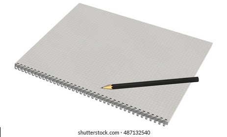 
Blank spiral bound notebook with squared paper and pencil isolated on white - 3d rendering