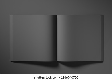 Blank Square Black Book Unfolded On Dark Textured Background. Top View. Mock Up. 3d Rendering