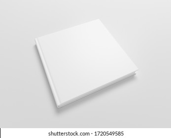 Blank Square Book Cover Mock Up On White Background. Wide Angle Side View In Perspective . 3d Illustration