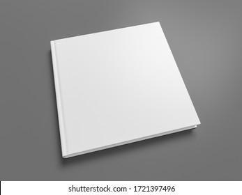 Blank Square Book Cover Mock Up On Gray Background. Wide Angle Side View In Perspective . 3d Illustration