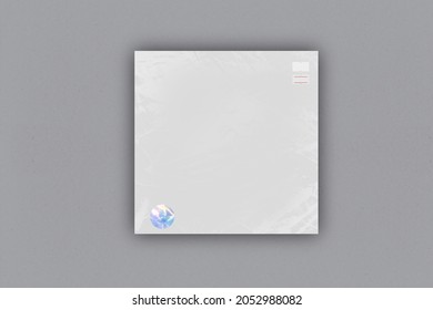 Blank Square CD Record Cover Package Envelope Template Mock Up With Transparent Plastic Wrap Texture Overlay Effect. 3D Rendering
