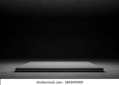 Blank Square Cement Podium, Stand Blank Trade Show Booth For Designers. Modern Loft Concrete Cement Wall And Floor Room. Empty House, Space For Your Text And Picture, 3d Rendering