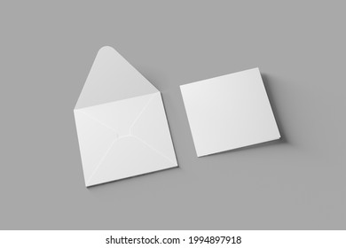 Blank Square Invitation And Greeting Card Mockup With Envelope, 3D Render