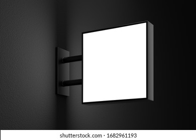 Blank Square Light Box Sign Mockup With Copy Space On Dark Wall. 3D Illustration