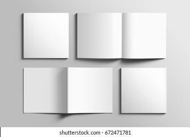 Blank square photorealistic brochure mockup on light grey background, 3d Illustration.