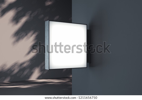 Blank square store\
signboard Mockup. Empty illuminated shop lightbox template mounted\
on the wall with trees shadows on background. Street sign, signage,\
3d rendering.