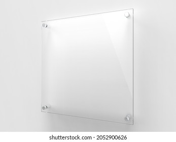 Blank Square Transparent Glass Office Corporate Signage Plate Mock Up Template, Clear Printing Board For Branding, Logo. Transparent Acrylic Advertising Signboard Mockup Side View. 3D Rendering