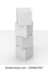 Blank Stacked Cubes. White Four Boxes Concept. 3D Render