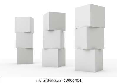 Blank Stacked Cubes. White Three Boxes Concept. 3D Render