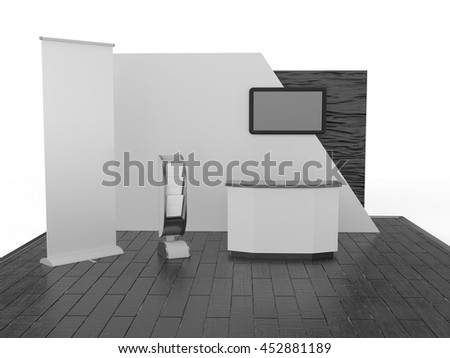 blank stand design in exhibition with tv display and roll-up, 3D rendering