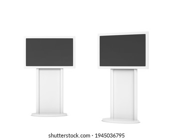 Blank Stand With Plasma Mockup. 3d Illustration Isolated On White Background. Interactive Display, Information Kiosk