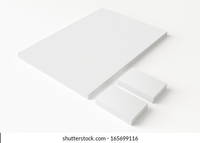 Blank Stationery Isolated On White. Consist Of Business Cards And Letterhead Stack.