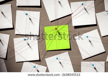 Blank sticky notes with red strings pinned to wooden wall background, center note highlighted in green, concept of detective investigation. 3D Rendering