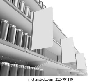Blank stoppers attached to supermarket shelves, White advertising shelf banners, 3D rendering