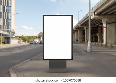 Blank Street Billboard Poster Stand Mock Up On City Highway Background. 3d Illustration.