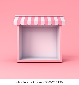 Blank sweet exhibition booth store or blank display shop stand with pink striped awning isolated on pink pastel color background minimal conceptual 3D rendering