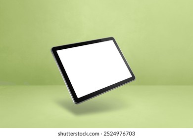 Blank tablet pc computer floating over a green background. 3D isolated illustration. Horizontal template