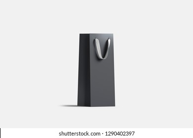 Blank Tall Black Wine Bottle Bag Mock Up, Isolated, 3d Rendering. Empty Gift Packet For Alcohol Mockup. Clear Pack With Silk Handle For Vine Or Whiskey Template.