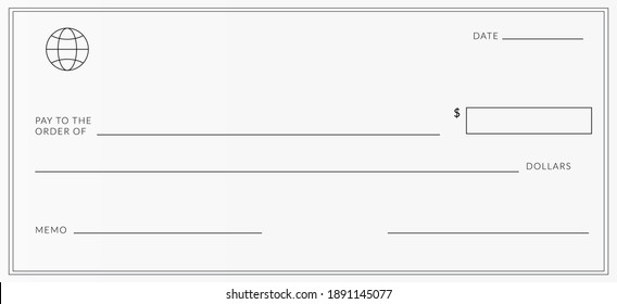 Blank template of the bank cheque. Checkbook check page with an empty fields to fill