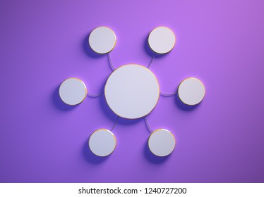 Blank template of disc-shaped infographic elements, six little discs tied to main one with phisically accurate ropes, 3d render illustration, purple backdrop