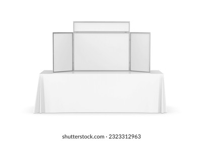 Blank template table top folding display board for trade show. 3d illustration.	