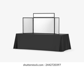 Blank template table top folding display board for trade show. 3d illustration.