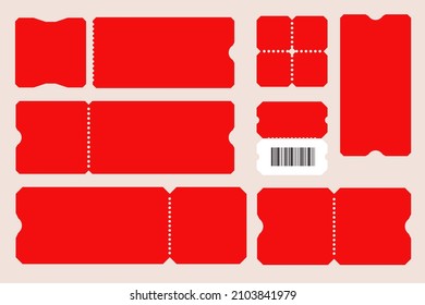Blank ticket empty red tear-off coupon template with barcode. Mockup design for concert ticket stub, lottery coupon, store discount set illustration isolated on white background