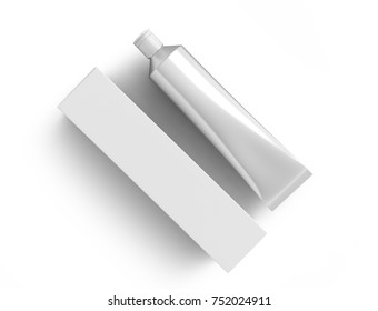 Blank Toothpaste Mockup, Paste Tube With Paper Box In 3d Render In Silver