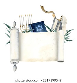 Blank Torah scroll with Yom Kippur symbols banner template watercolor illustration isolated on white background for Jewish New year and Atonement day with menora, book, shofar - Powered by Shutterstock