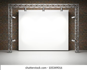 Blank trade exhibition stand with screen and spot lights on brick wall