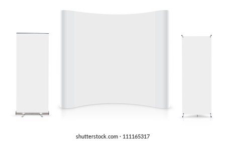 Blank trade show booth with roll up banner display, isolated on white background (Save Paths For design work)