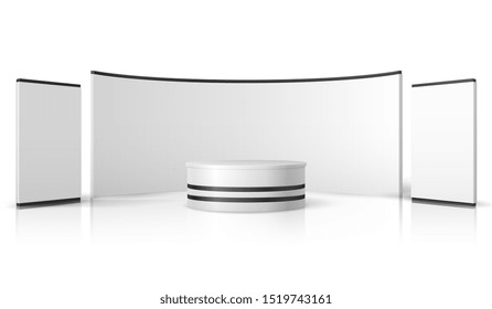 Blank Trade Show Booth. White Empty Exhibition Stand, Retail Promotional Display 3d Mockup