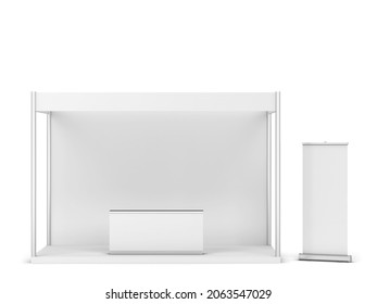 Blank Tradeshow Booth With Counter And Rollup Banner. 3d Illustration Isolated On White Background 