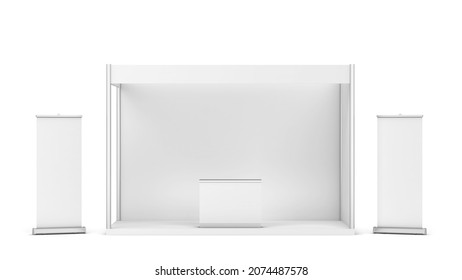 Blank tradeshow booth with counter and rollup banner. 3d illustration isolated on white background 