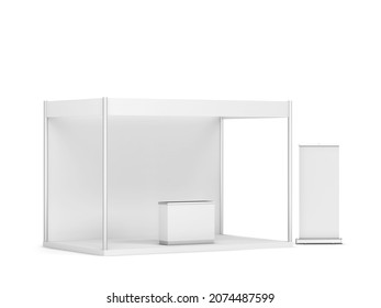 Blank Tradeshow Booth With Counter And Rollup Banner. 3d Illustration Isolated On White Background 