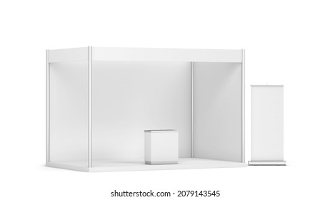 Blank Tradeshow Booth With Counter And Rollup Banner. 3d Illustration Isolated On White Background 