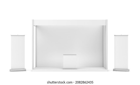 Blank Tradeshow Booth With Counter And Rollup Banner. 3d Illustration Isolated On White Background 