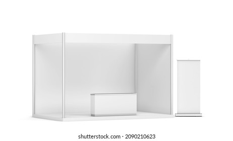 Blank Tradeshow Booth With Counter And Rollup Banner. 3d Illustration Isolated On White Background 